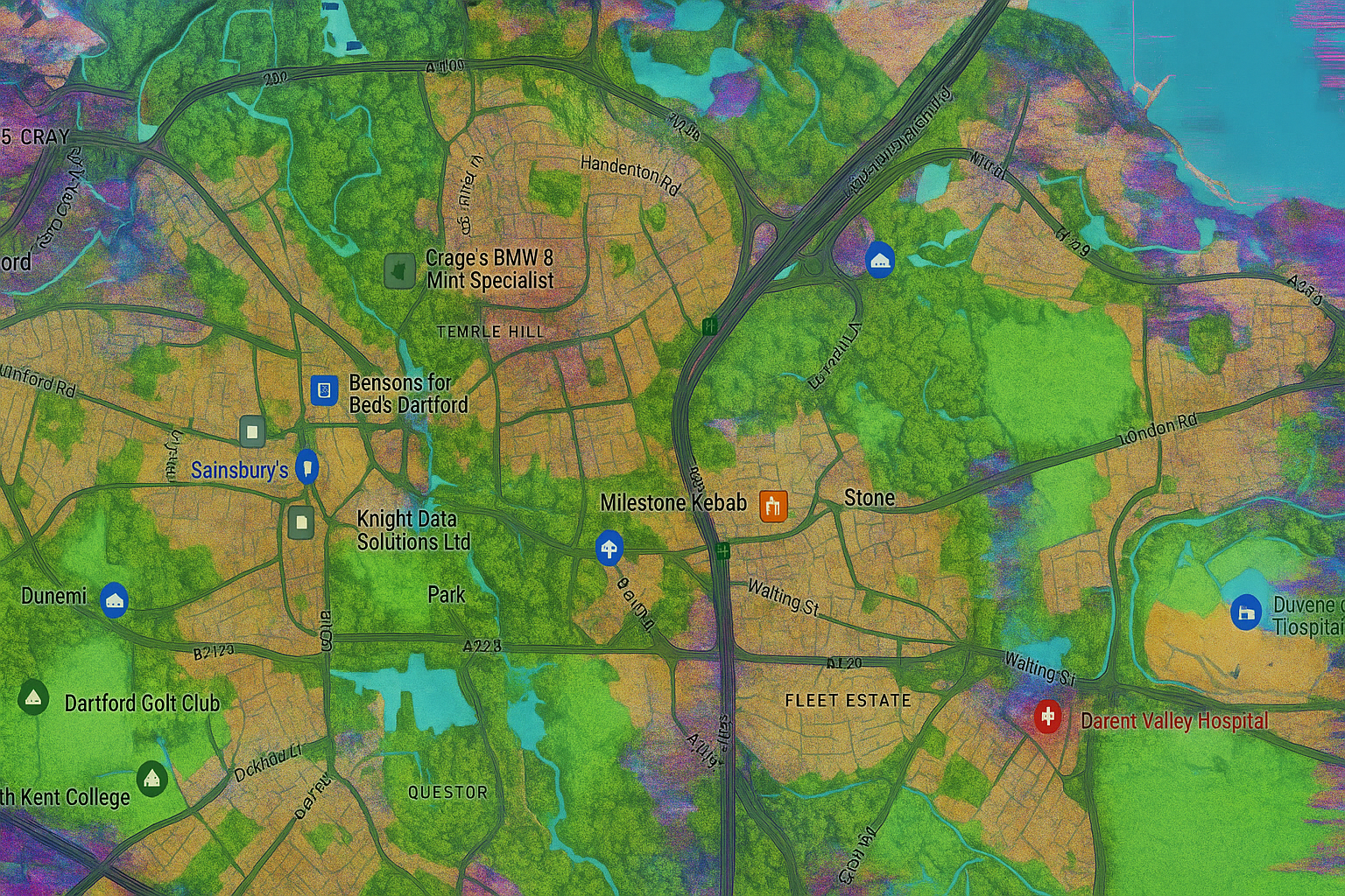 Dartford map overtaken by nature and digital glitch corruption.