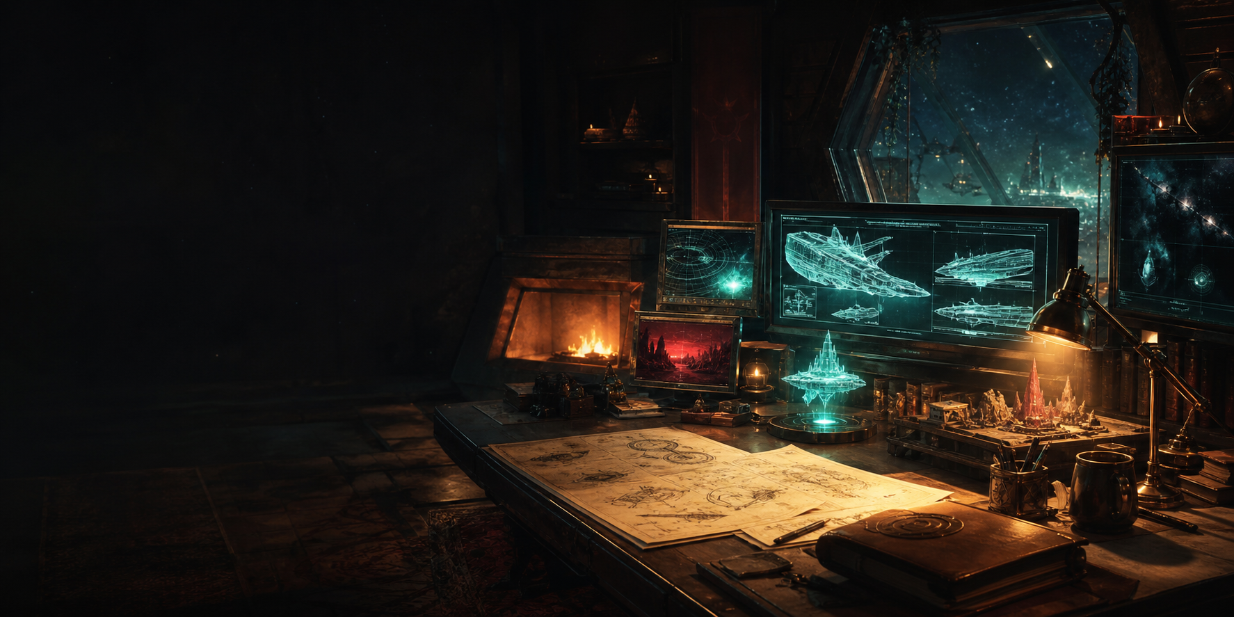 A warm sci-fi creative workshop filled with project notes, books, monitors, and starship holograms.