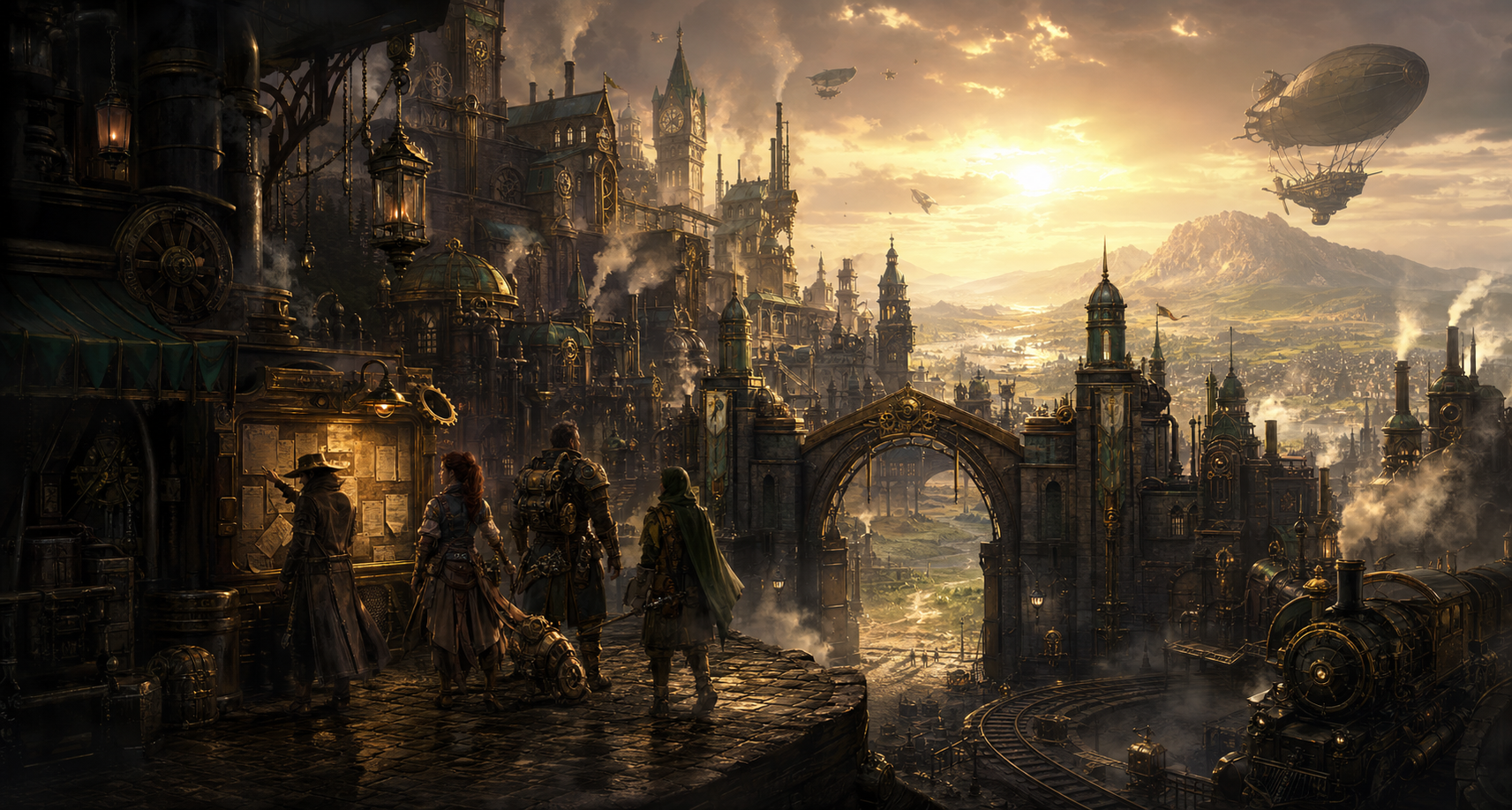 A steampunk city gate and tavern notice board for the STEM RPG.